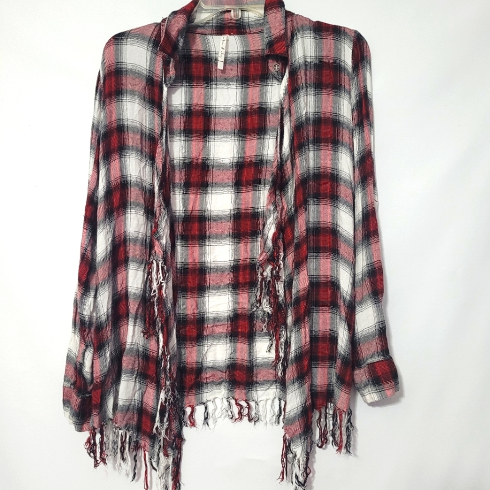 Willow & Clay Plaid Open Front Fringe Cardigan Ladies Size S